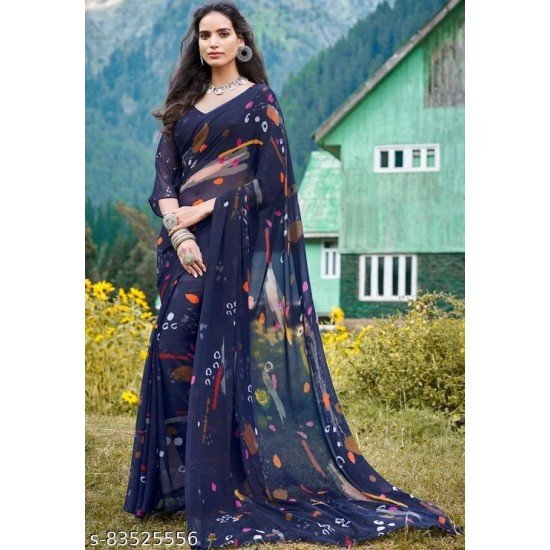 Anni Designer Navy Blue Georgette Printed Saree/MS