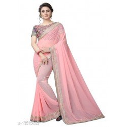 PINK GEORGETT AND LIGHT GRAY BLOUSE SAREE WITH MOTI WORK/MS