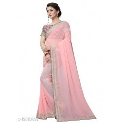 PINK GEORGETT AND LIGHT GRAY BLOUSE SAREE WITH MOTI WORK/MS