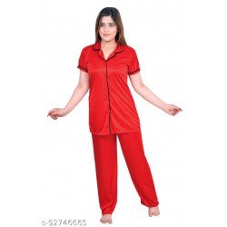 RED NIGHT SUIT IN SATIN BLEND FABRIC FOR SUMMERS