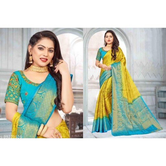 Gauri Pattu Silk Saree with Embroidery Blouse Piece (Yellow & Cyan)