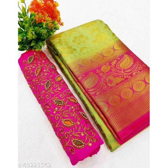 GAURI PATTU SILK SAREE WITH EMBROIDERY BLOUSE PIECE (PISTA & PINK)