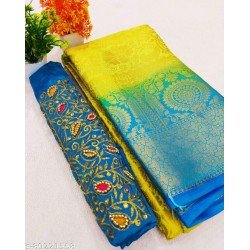 Gauri Pattu Silk Saree with Embroidery Blouse Piece (Yellow & Cyan)