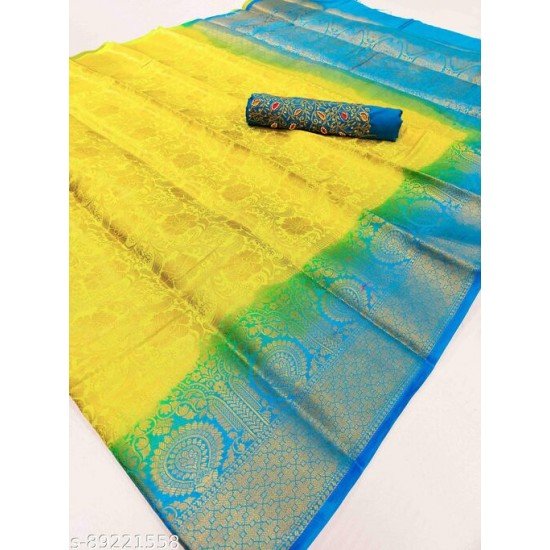 Gauri Pattu Silk Saree with Embroidery Blouse Piece (Yellow & Cyan)