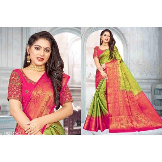 GAURI PATTU SILK SAREE WITH EMBROIDERY BLOUSE PIECE (PISTA & PINK)