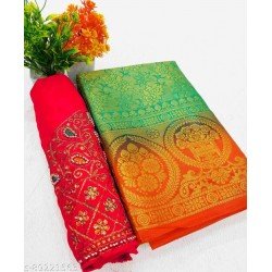 Gauri Pattu Silk Saree with Embroidery Blouse Piece (Green & Red)