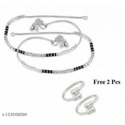 Queen Art Silver Simple Design Anklet With Black Stone/MS