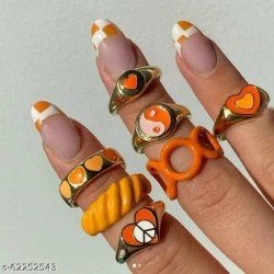 Arzonai Chunky Orange Golden Y2K Rings for Girls and Women (Set of 7)/MS