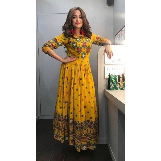 Women Yellow Colour with Both Side Printing Work/ GF238 - Musturd Yellow Printed Gown