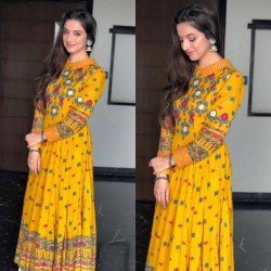 Women Yellow Colour with Both Side Printing Work/ GF238 - Musturd Yellow Printed Gown