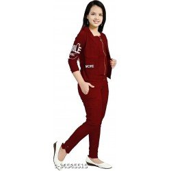 Tinkle Fancy Pretty Comfy Girls Stylish Latest Fashionable Maroon Printed Two Pieces Set-Maroon Printed Chain Jacket/MS