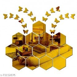 14 hexagon with 20 Butterflies (Each Hexagon Size 10.5 cm x 12.1 cm) Hexagon Mirror Stickers for Wall, 3D Mirror Wall sticker/ms