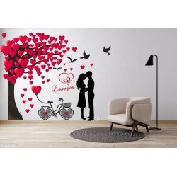 Creatick Studio Romantic Couple Under The Heart Leaves Tree and Love Quote with Bicycle' Wall Sticker( 77 cm X 96 cm )/MS