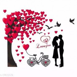 Creatick Studio Romantic Couple Under The Heart Leaves Tree and Love Quote with Bicycle' Wall Sticker( 77 cm X 96 cm )/MS