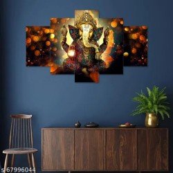 Perpetual Set Of 5 Ganesh Ganesha 3D Framed Uv Coated Painting For Wall For Home Decor Decortations And Gifting With A Surprise Present Inside. ( 75 CM X 43 CM )/MS