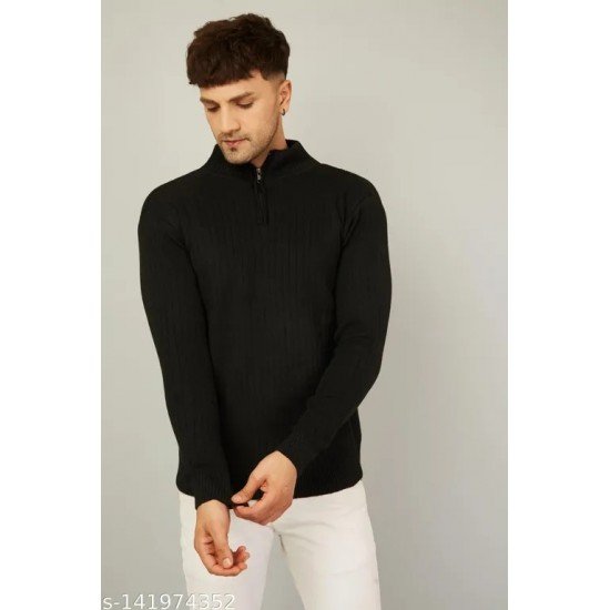 Kvetoo Men High Neck Full Sleeve Zippper Sweaters Black/MS