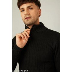 Kvetoo Men High Neck Full Sleeve Zippper Sweaters Black/MS